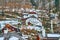 The houses on the rocky slope of Salzberg mountain, Hallstatt, Salzkammergut, Austria