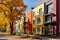 The houses are in a row. The onset of autumn. Autumn landscape