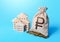 Houses and russian ruble money bag. Increasing property value. Fair market price. Home taxation. Residential or commercial