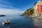 Houses and sea bay with boats at Riomaggiore town in Cinque Terre national park in Italy