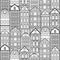 Houses seamless pattern, black and white drawing, silhouette city background, urban coloring landscape. Monochrome outline