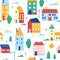 Houses seamless pattern vector illustration, cartoon flat cute urban suburban traditional cityscape with colorful