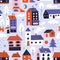 Houses seamless pattern. Winter city buildings, cozy tiny architecture, color town elements, nursery print, funny homes