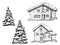 Houses and snowy Christmas trees. Designer of landscapes. Winter landscape elements. Houses and snowy firs. sketch