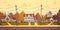 Houses Suburb Of Big City In Autumn, Cottage Real Estate Cute Town Concept