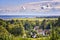 Houses under the clouds with a view of the Baltic Sea. Panorama of Hiddensee