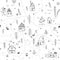 Houses in winter forest seamless pattern with animals grey color