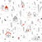 Houses in winter forest seamless pattern with animals and red co