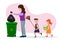 A housewife carries a black plastic trash bag with her son and daughter with boxes of plastic bottles to be thrown into the