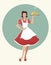 Housewife carrying a tray with dinner. Retro style