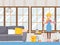 Housewife cleaning apartment, vector illustration. Smiling woman in apron with mop in sparkling clean living room with