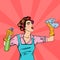 Housewife Cleaning the House with Spray and Rag. Pop Art. Vector