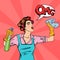 Housewife Cleaning the House with Spray and Rag. Pop Art. Vector