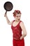 Housewife with curlers, holding a frying pan.