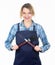 Housewife in good mood. food cooking recipe. Picnic barbecue. Pretty girl in chef apron. Tools for cook. Woman hold