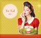 Housewife holding sweet cupcake in her hands.Retro poster background for text