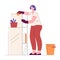 Housewife housekeeper woman cleaning wipes dust from furniture. Vector illustration in flat style.