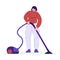 Housewife housekeeper woman cleans vacuum cleaner to mop the floor in the house. Vector illustration in flat style.