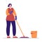 Housewife housekeeper woman doing cleaning in the house washes the floor. Vector illustration in flat style.