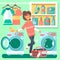 Housewife in the laundry room with washing machine basket and household chemicals flat style illustration