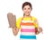 Housewife with oven gloves and wooden spatula