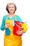 Housewife posing with cleaning materials and a bucket