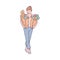 Housewife purchasing food and carrying grocery bags, sketch vector illustration.