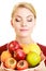 Housewife or seller offering healthy fruit isolated