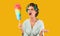 Housewife Shouting Holding Feather Duster, Tired Of Cleaning, Yellow Background