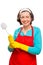 Housewife with toilet brush with gloves and safety glasses