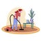 Housewife vacuuming home with a vacuum cleaner. Pretty woman doing domestic work. Cartoon character. Vector illustration