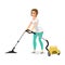 Housewife vacuuming home with a vacuum cleaner. Young woman doin