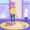 Housewife. Woman vacuuming. Vector illustration. Cartoon character.