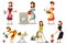 Housewives woman character 50`s vector cartoon set. Female does housework