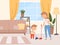 Housework children help. Kids washing living room with parents cleaning house with father and mother vector cartoon