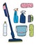 Housework and cleaning workers concept. Bucket with cleaning supplies, bottles, spray, sponge, brush, gloves