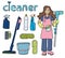 Housework and cleaning workers concept. Young smiling woman in uniform standing holding tools for cleaning in hands. Bucket with