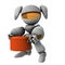 Housework and cooking. A female robot holding a large cooking pot. A cute white robot composed of curved surfaces.