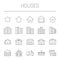 Housing theme - houses, mansions, apartment buildings, cottages. Simple thin line vector icon set