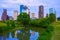 Houston Texas modern skyline from park river