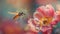 Hoverfly in midflight with vibrant flower, macro perspective, realistic textures, ultra high res