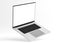 Hovering aluminium flying laptop with blank screen new design on a white background, modern computer monitor closeup flying