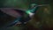 Hovering hummingbird spreads iridescent wings in vibrant green nature generated by AI