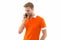 How can I help you. Man casual style phone conversation white background. Man use mobile phone. Modern technology