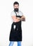 How choose meat for steak and barbecue. Barbecue menu. Picnic and barbecue. Bearded hipster wear apron for barbecue