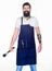 How choose meat for steak. Professional barbecue utensil. Bearded hipster wear apron for barbecue. Roasting and grilling