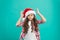 How do i look. Winter spirit. New year party. Santa claus fancy kid. Little girl child in santa hat. Happy winter