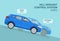 How hill descent control system works in a car infographic. Blue suv car is traveling down.