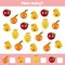 How many fruits. Apple, pear, orange and lemon. Worksheet for kids kindergarten, preschool and school age. Learning