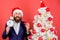 How much time left. Keep track of time. Time to celebrate. Businessman join christmas celebration. Man bearded wear suit